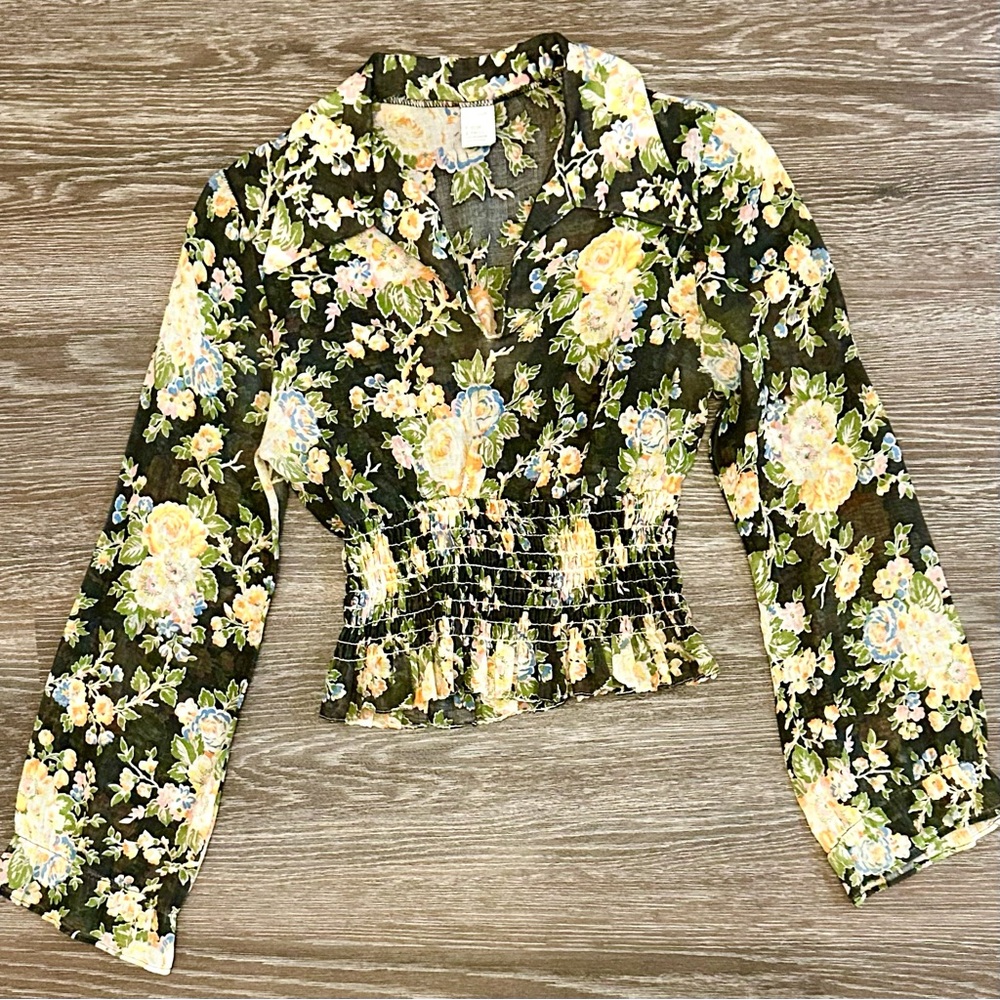 Vintage 70s Smocked Waist Black Floral Blouse